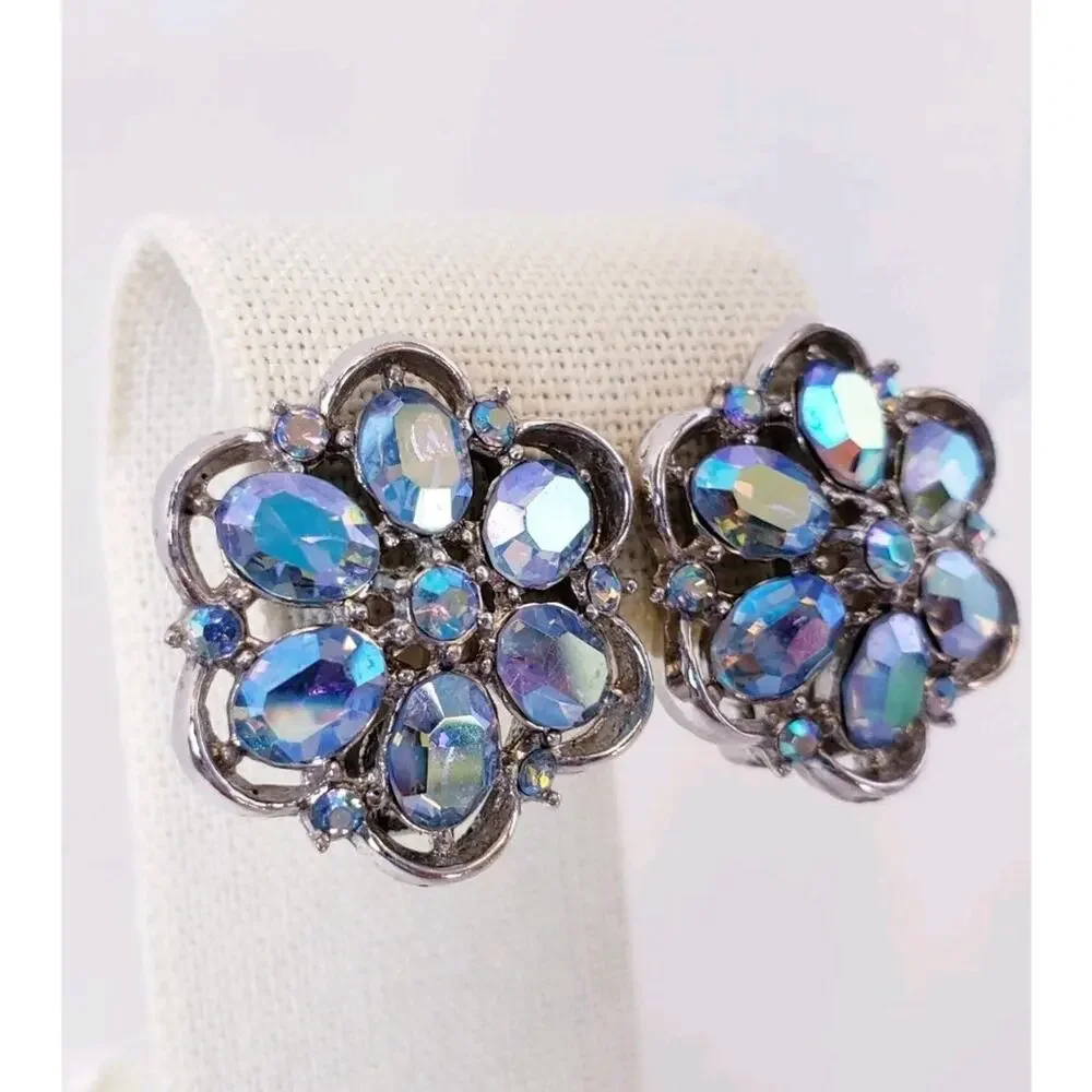 VTG Crown Trifari Aurora Borealis AB Rhinestone Silver Tone Flower Clip Earrings